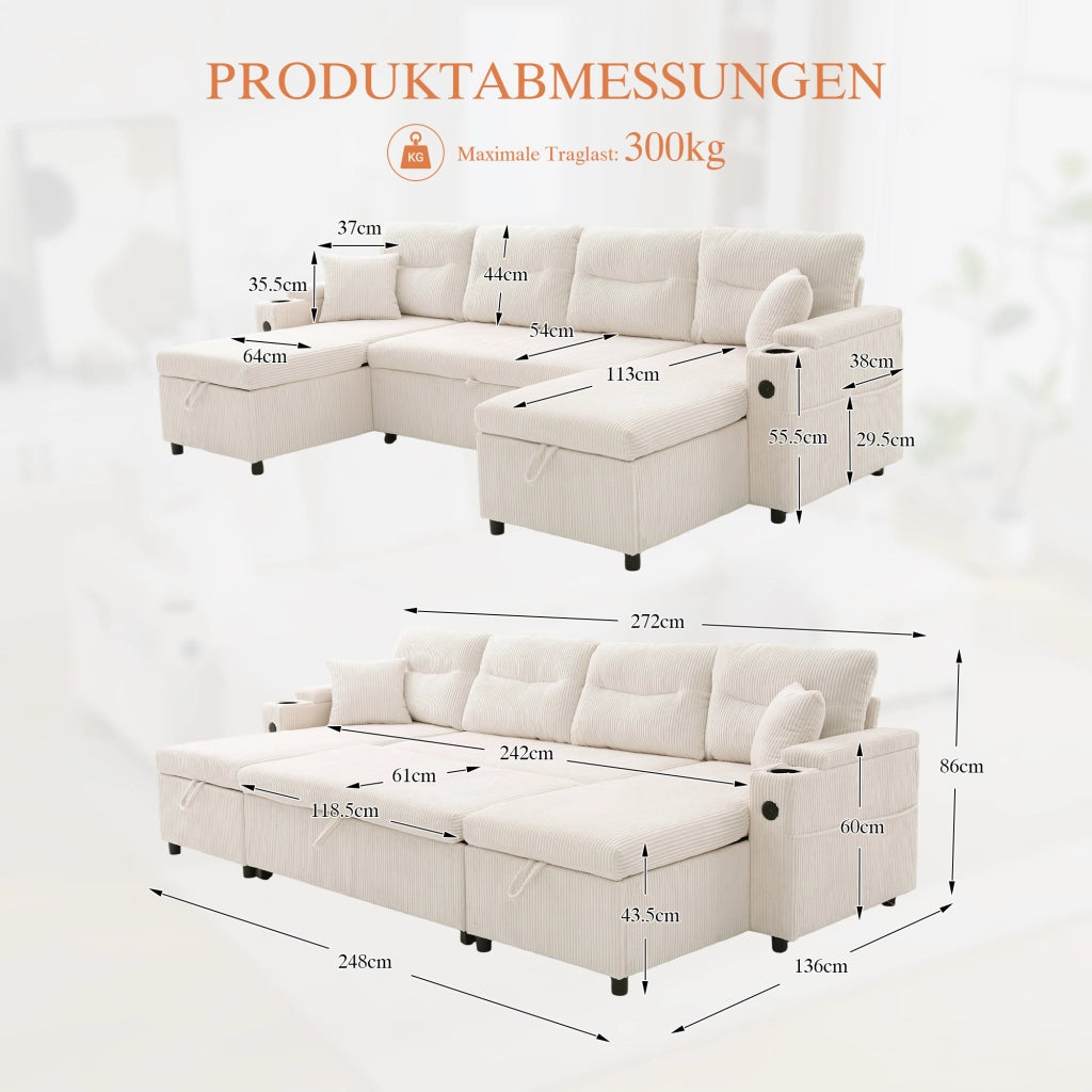 DIVANO 4 posti con doppia chaise longue 272x136x86 cm in corduroy beige