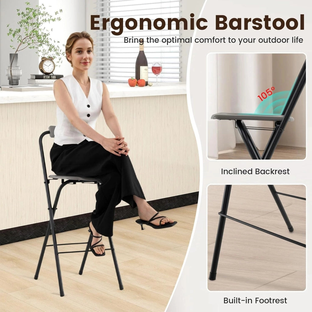 Set di 2 Sgabelli da Bar Pieghevoli, Sedie per Esterni con Schienale Inclinabile, Seduta Curvata e Poggiapiedi, Sgabelli Alti con Struttura in Metallo per Balcone, Terrazza, Giardino (Grigio)