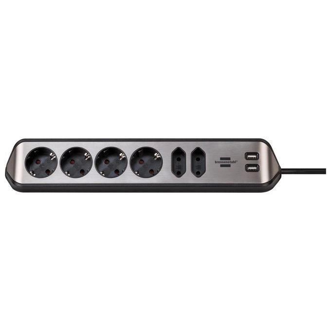 Brennenstuhl 1153590610 prolunghe e multiple 2 m 6 presa(e) AC Interno Nero, Argento