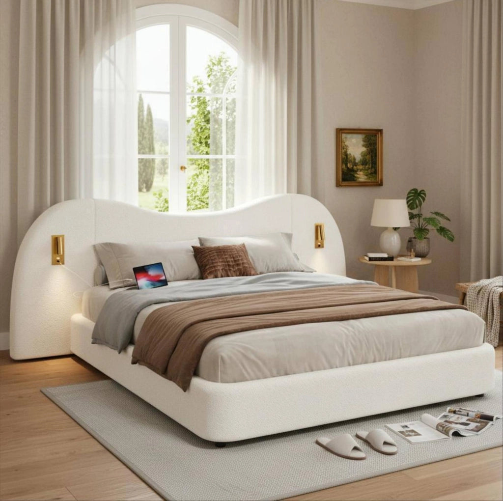 Letto matrimoniale contenitore con alzata idraulica; USB e luci; in bouclé bianco
