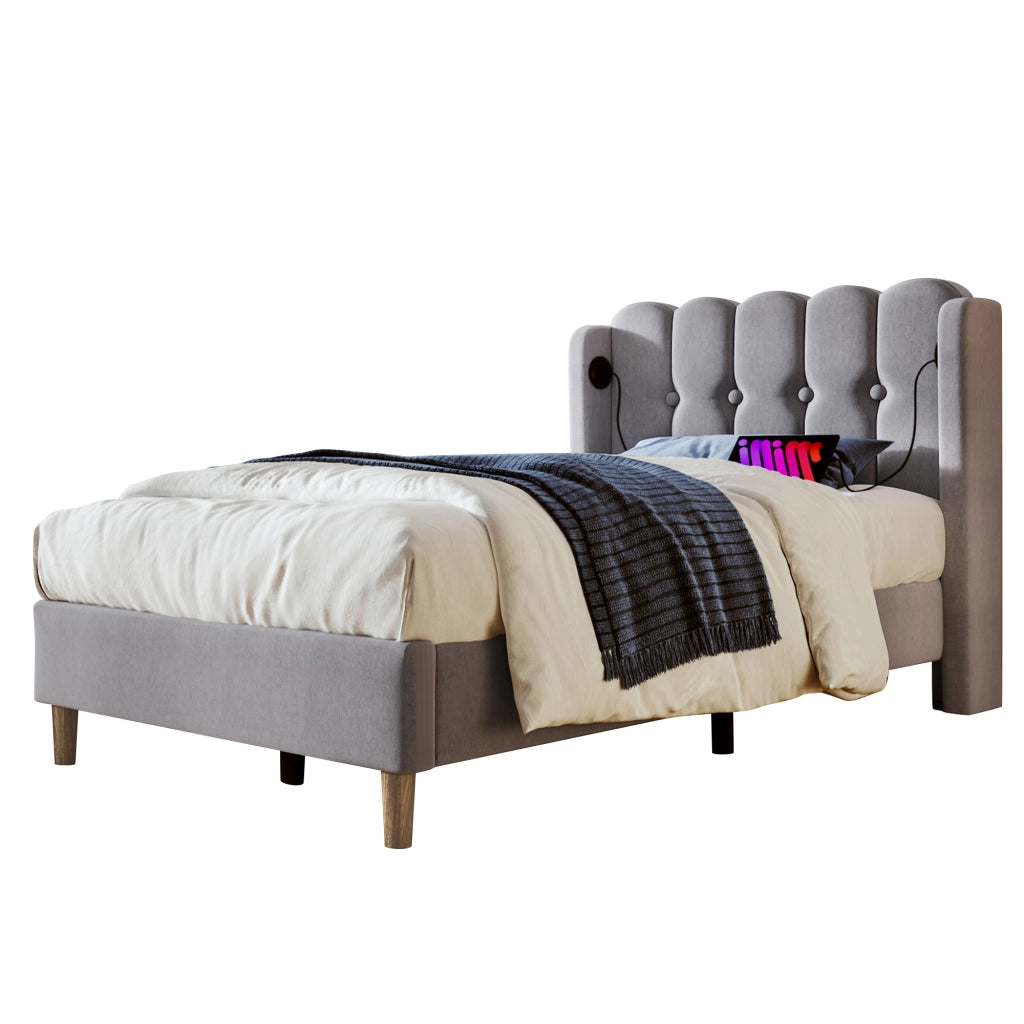 Letto Singolo 90×200 cm; Letto a 1 Piazza con USB; USB-C e Testiera Imbottita; senza Materasso; Lino; Grigio