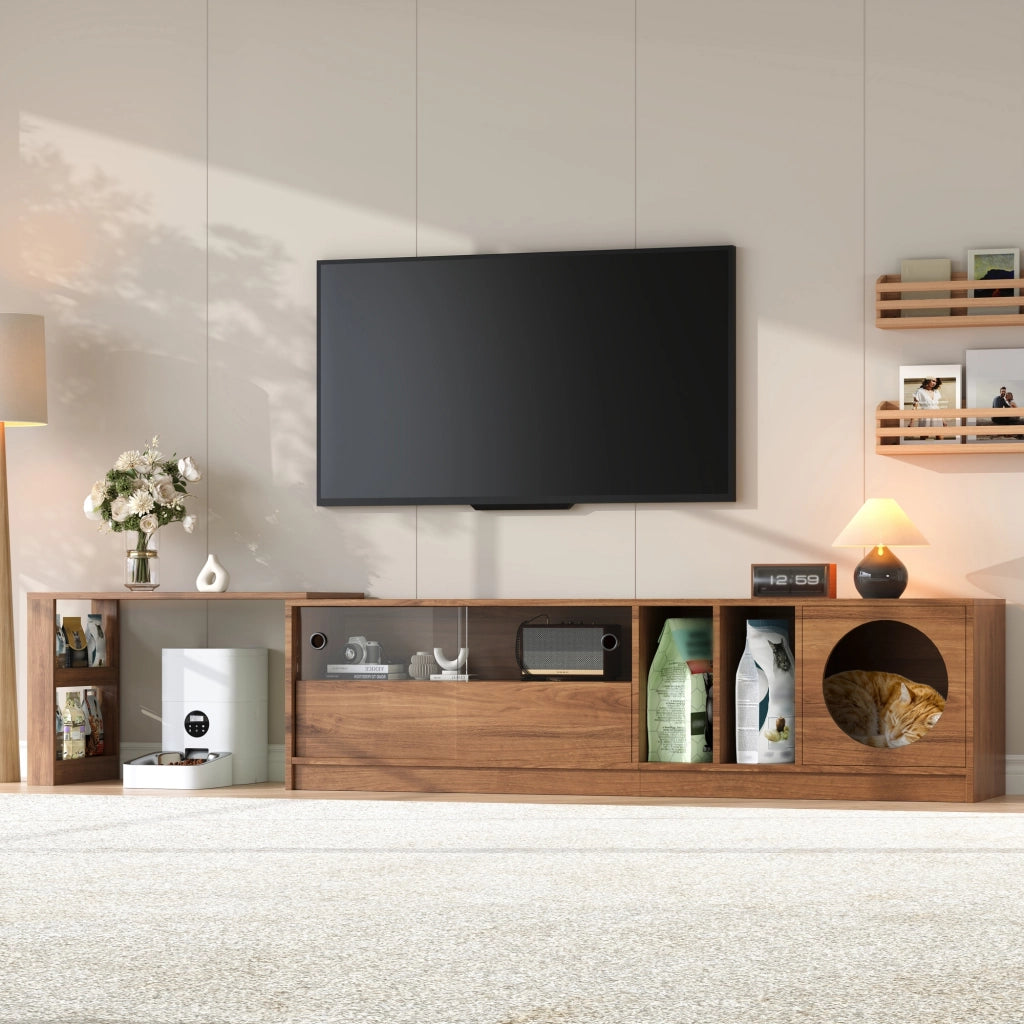 Mobile TV Rotante con Ante in Vetro e Vano Gatto ¨C MINIMAL ¨C Noce, 180(+80)¡Á40¡Á50 cm