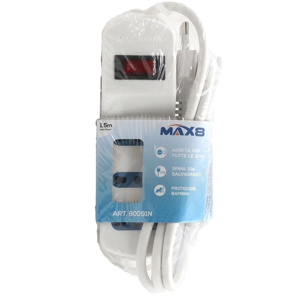 Trade Shop - Multipresa Con 3 Uscite Universali Bipasso Spina 10a Cavo 1.5 Mt Bianco 80091n -