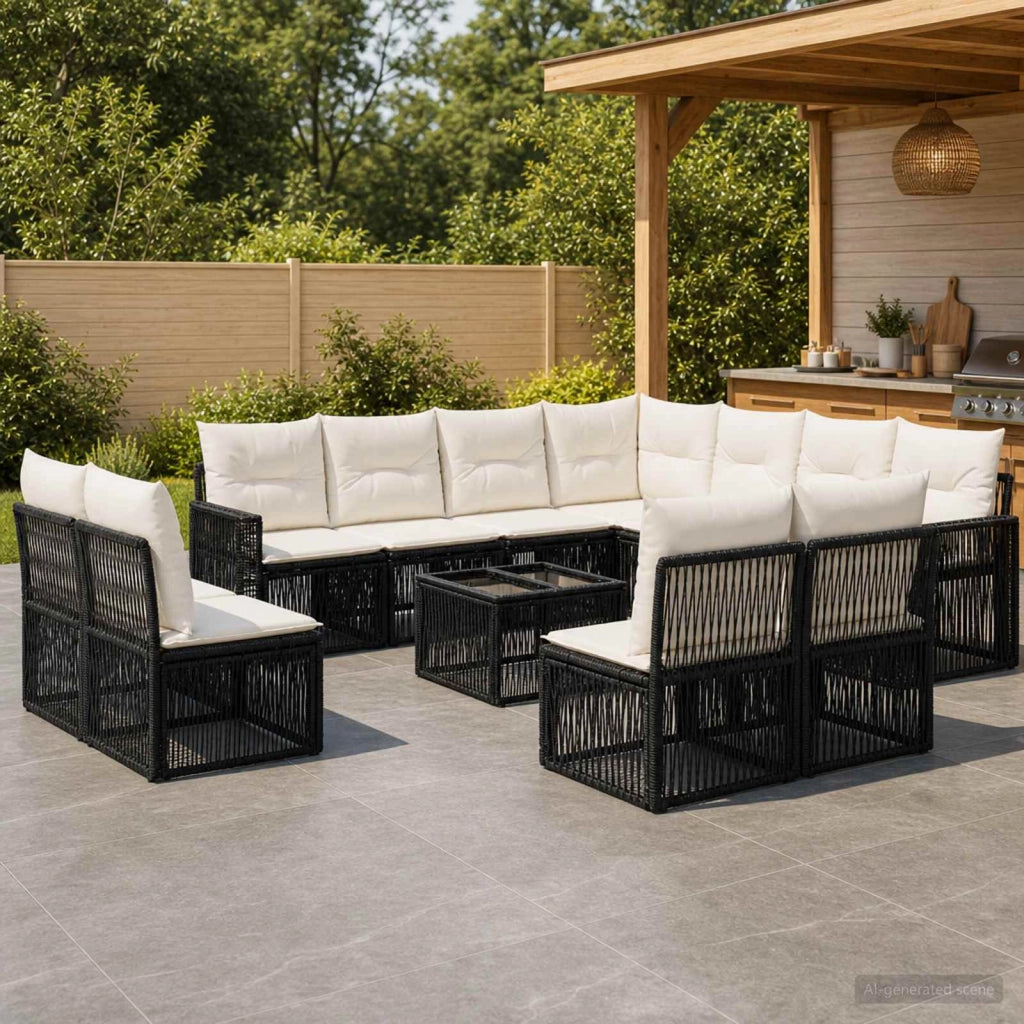 Set Divano da Giardino 12 pz Nero e Bianco Crema polyrattan 3435160