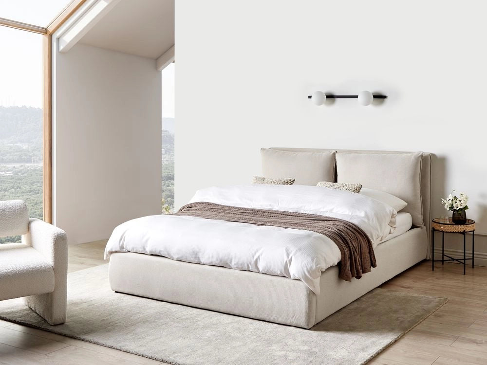 Letto matrimoniale in tessuto beige con contenitore 160 x 200 cm camera da letto moderna