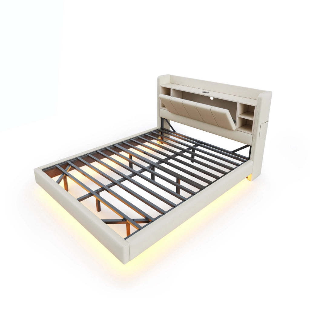 Letto imbottito 160x200 cm con LED; USB e vani portaoggetti in lino beige