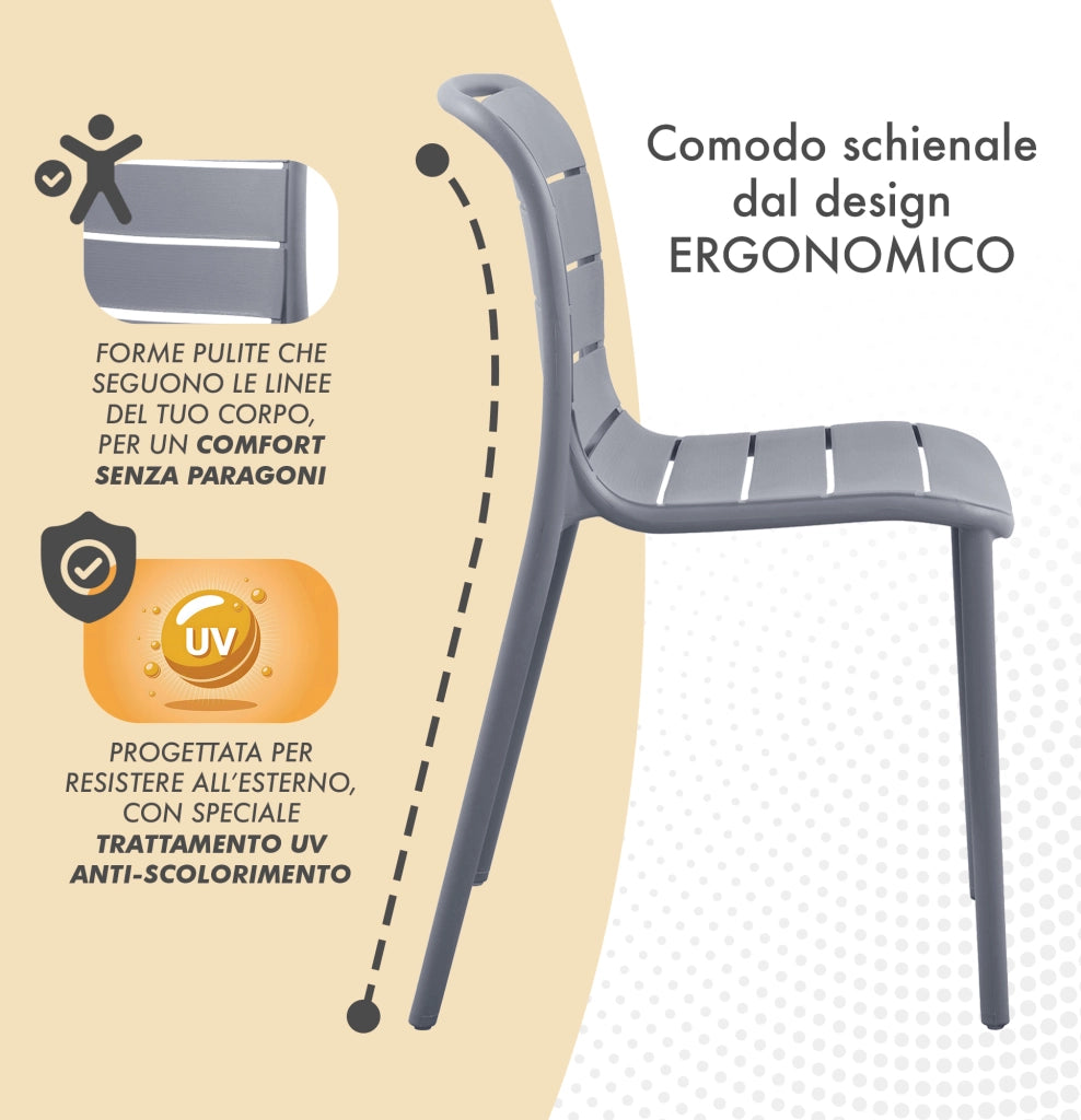 Set 4 Sedie In Polipropilene e Fibra Di Vetro Sedia Cucina Trattamento Uv Antiscolorimento Giardino Interno Esterno Moderne Robuste Resistenti Seduta Terrazzo Soggiorno Bar Ristorante Impilabili Iris-Grigio