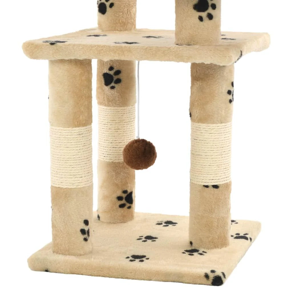 Tiragraffi albero per gatti cuccia per gatti peluche in sisal 65 cm beige con motivo a impronta di zampa 3702044