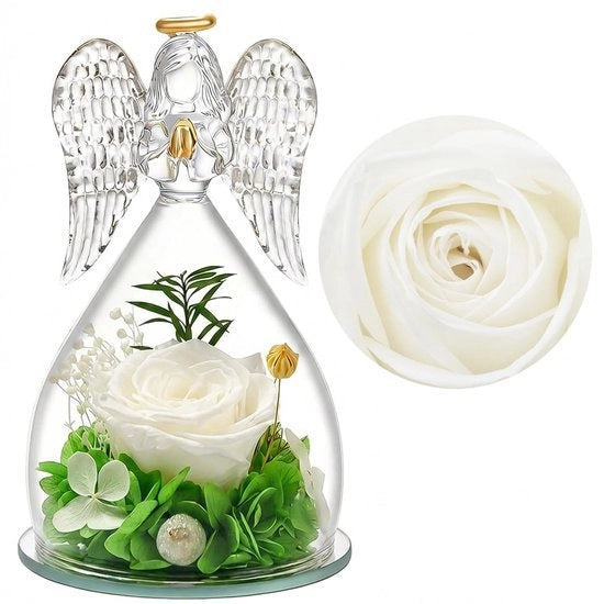 Angelo di Vetro con Fiori di Rosa Perpetua, Rosa Conservata, Regalo per Donna, Madre, Anniversario della Madre, Nonna, Amica (Bianco)