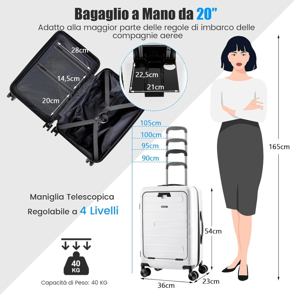 Valigia Bagaglio da 20" con Tasca Frontale, Porta USB, Tavolino Pieghevole, Valigia con Serratura, Ruote Girevoli, Manico Regolabile, Trolley Valigia Rigida Bagaglio da Viaggio (Bianco)