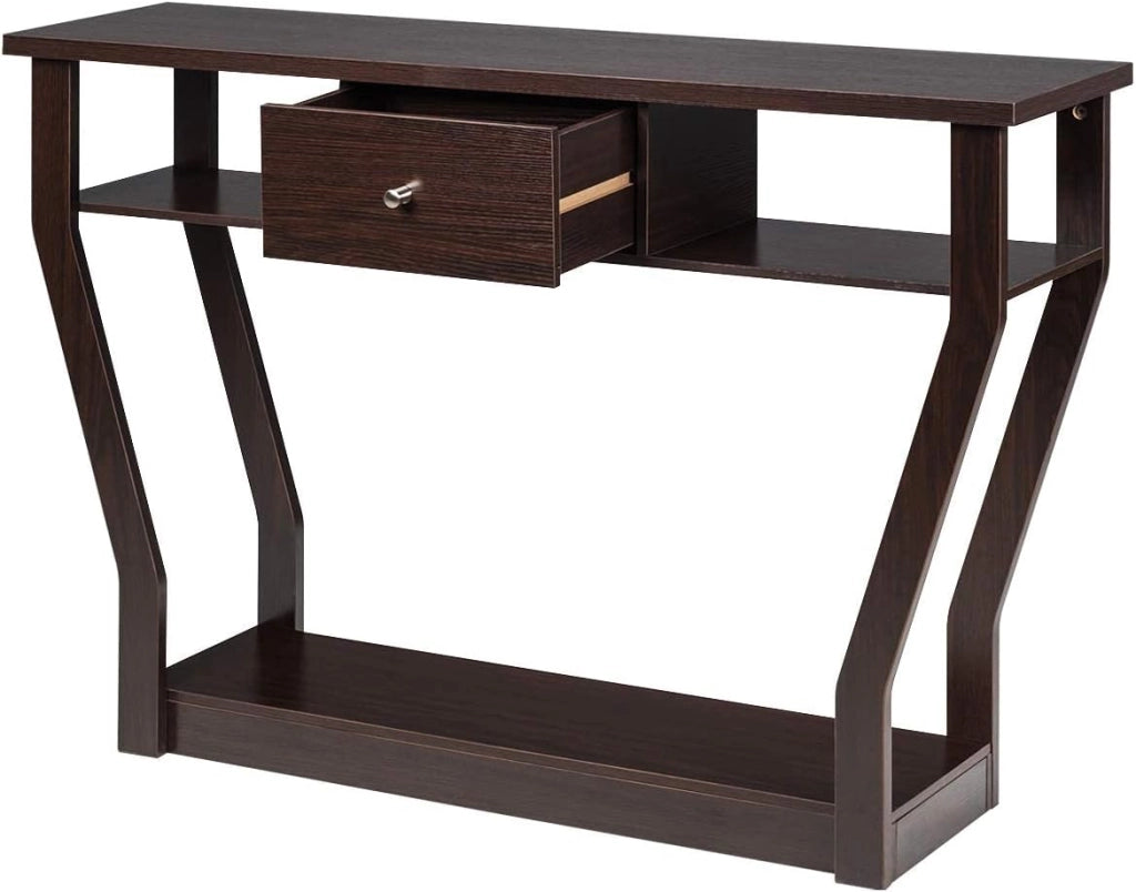 Tavolo Consolle Legno, a 3 Ripiani, Stretto e Compatto, Cassetto con Manico, Console per Soggiorno, Salotto, Ingresso, Portata di 60 kg, 120x30x81cm, 3 Colori (Marrone)