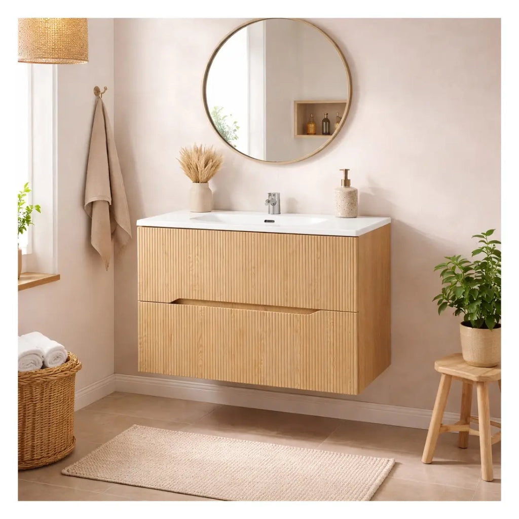 Set da bagno NATURA 80cm: mobile sottolavabo in legno chiaro con scanalature verticali + lavabo incassato