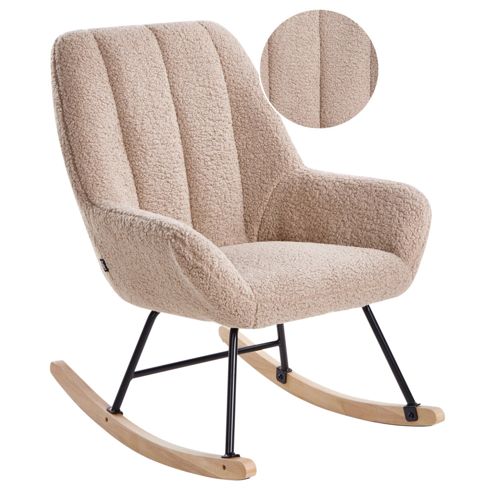 Sedia a dondolo Rivestimento in bouclé beige Teddy Metallo Gambe nere Braccioli Ampio schienale Soggiorno