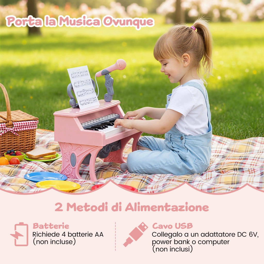Mini tastiera pianoforte bambini 25 tasti leggio microfono elettrico-Tastiera musicale educativo apprendimento precoce 3+ anni Rosa