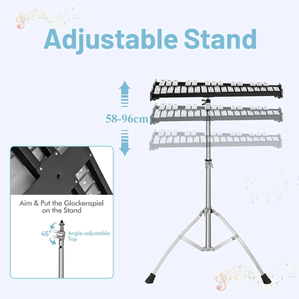 Set con supporto regolabile in altezza, 32 note xilofono con 1 paio di bacchette e bacchette per batteria e 1 tamburo per esercizi a 8 angoli, per bambini, adulti