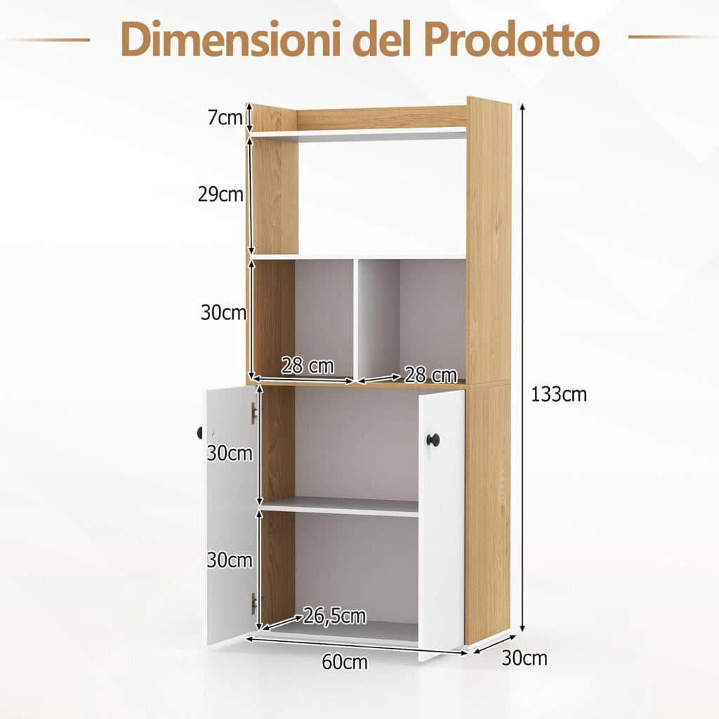 Libreria Scaffale con 2 Ante di Stoccaggio, Libreria Salvaspazio Moderna con 4 Ripiani in Legno Aperti, Mobile Alto Ufficio, per Soggiorno, Camera da Letto, 60 x 30 x 133 cm (Naturale)