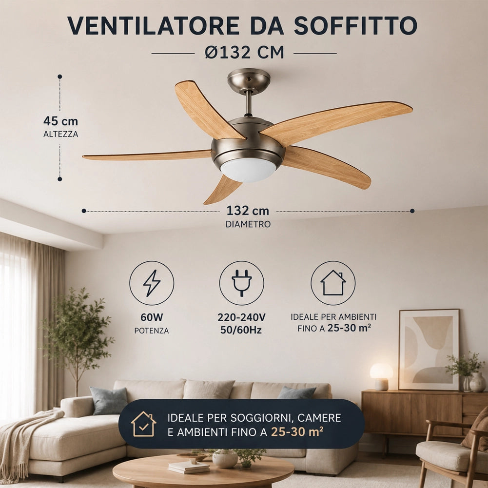 Ventilatore da Soffitto 5 Pale Legno con Lampada e Telecomando Diametro 120cm