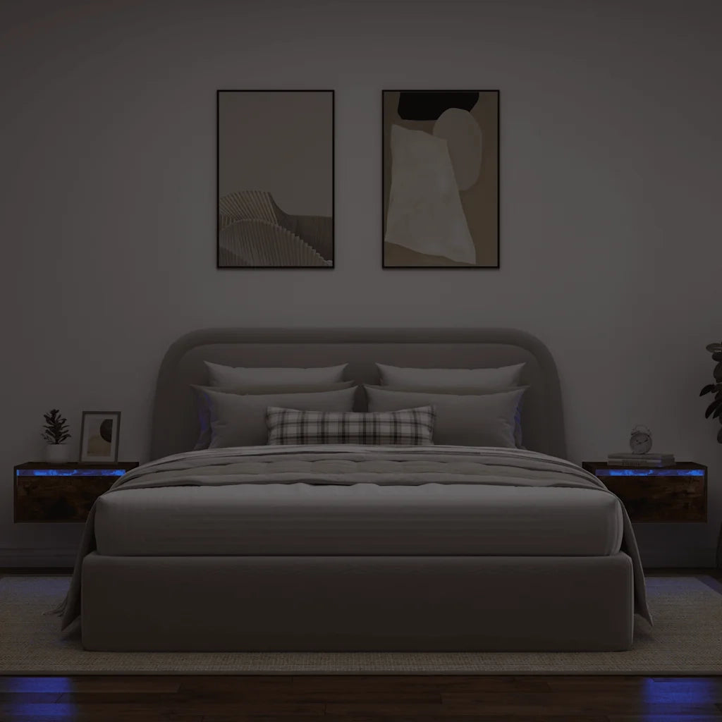 vidaXL Comodini a Parete con luci LED 2 pz Rovere Fumo