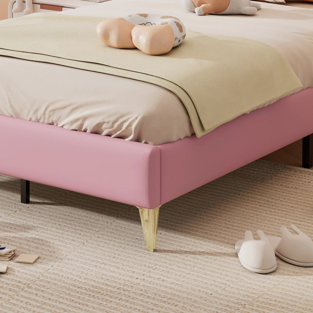 OKWISH Letto Bambini 90×200 cm, Letto Singolo con Bordi Imbottiti, Testiera Corona e 12 Doghe, senza Materasso, PU, Rosa e Bianco