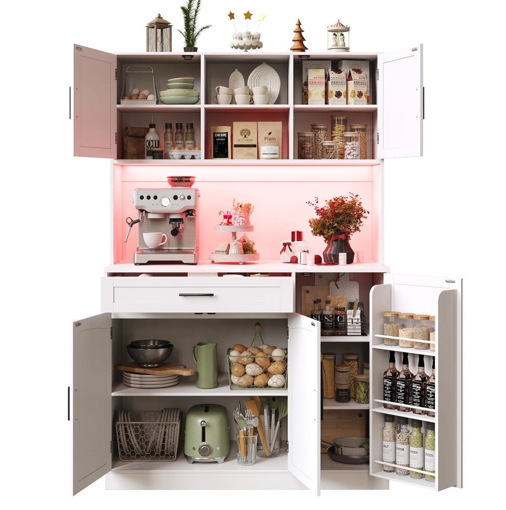 Credenza da cucina con LED e prese, bianca, 110x38x180 cm