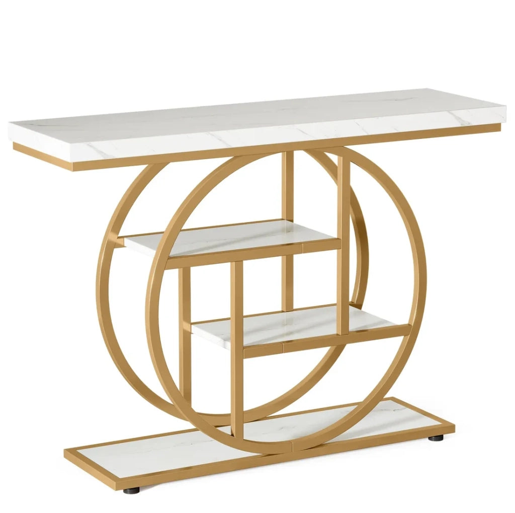 Tavolo consolle industriale a 4 livelli 105x30x80 cm in metallo e legno bianco e oro