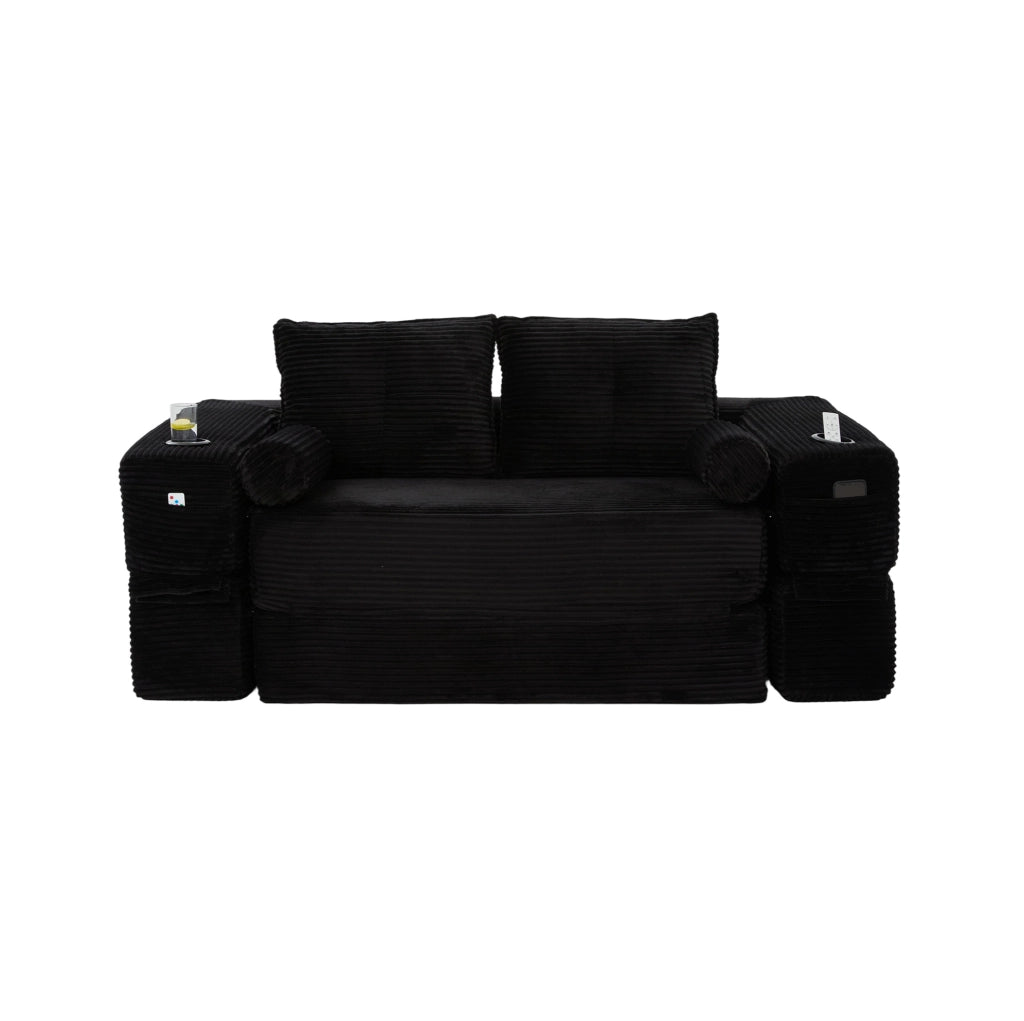 Divano letto modulare in velluto a coste nero 180x98 cm