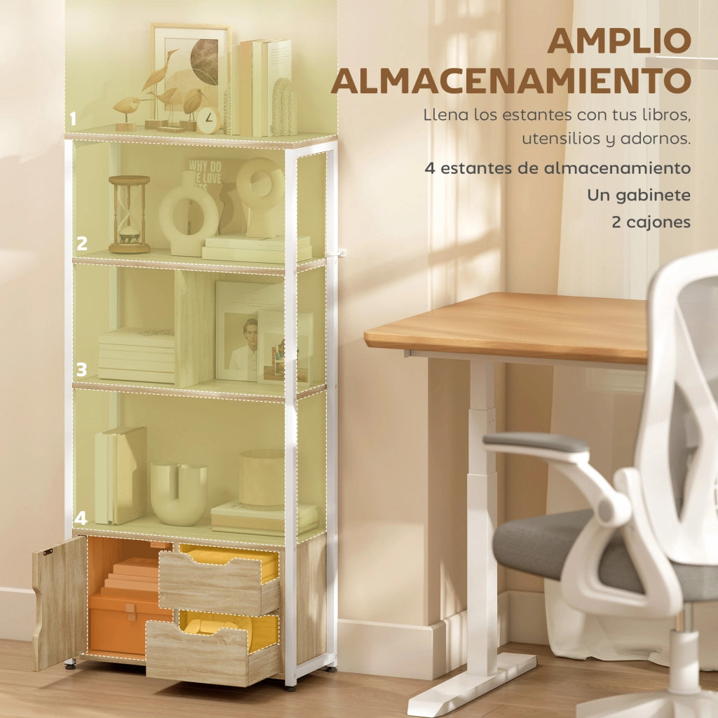 Libreria Scaffale per Libri con Ripiani e Ante ¨C Zephmum ¨C 58x24x122 cm Bianco Legno Naturale Stile Industriale