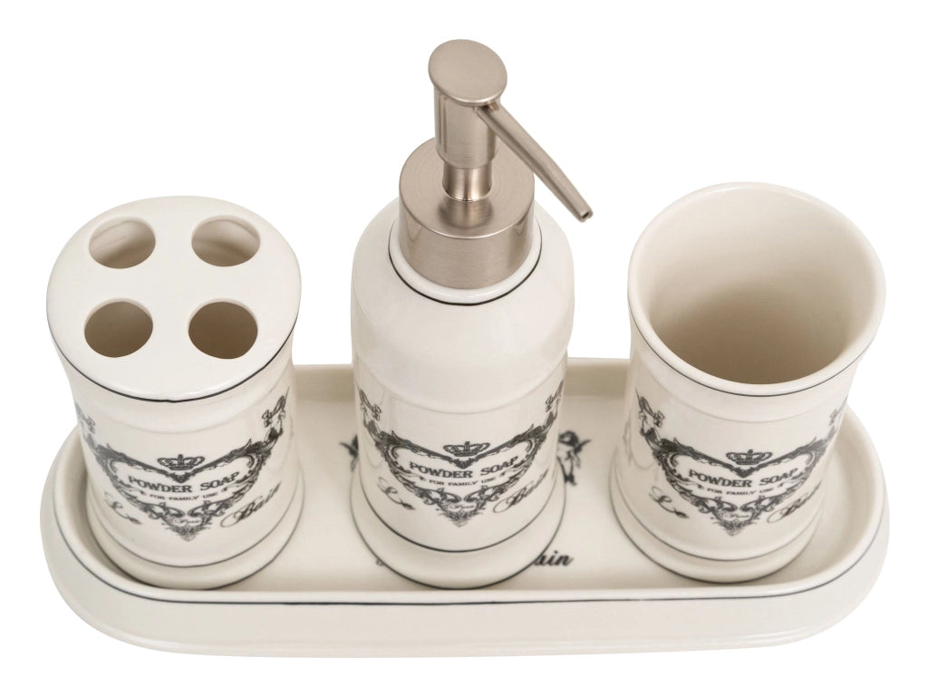 Biscottini Set bagno "Powder Soap" 4 pezzi in porcellana bianca decorata L25xPR10xH21 cm