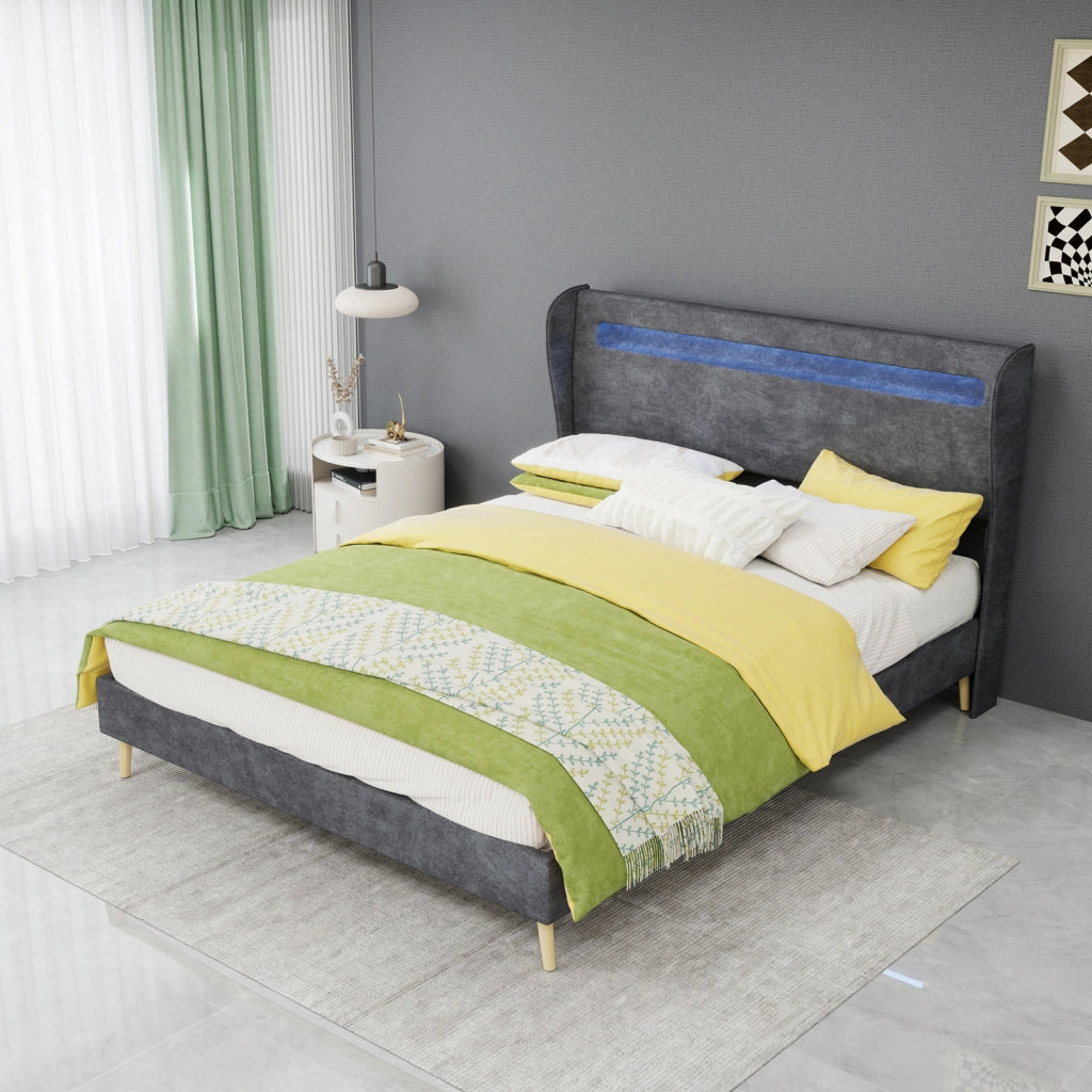 DESMIU Letto 140 × 200 cm 2 posti con LED regolabile e testiera regolabile, senza materasso, in tessuto, grigio