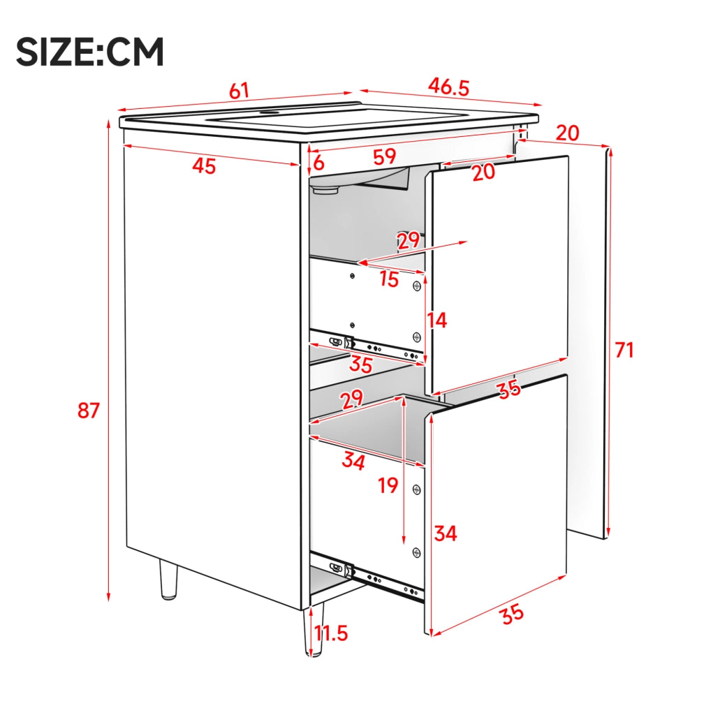 Mobile bagno freestanding con lavabo in ceramica e doppio cassetto