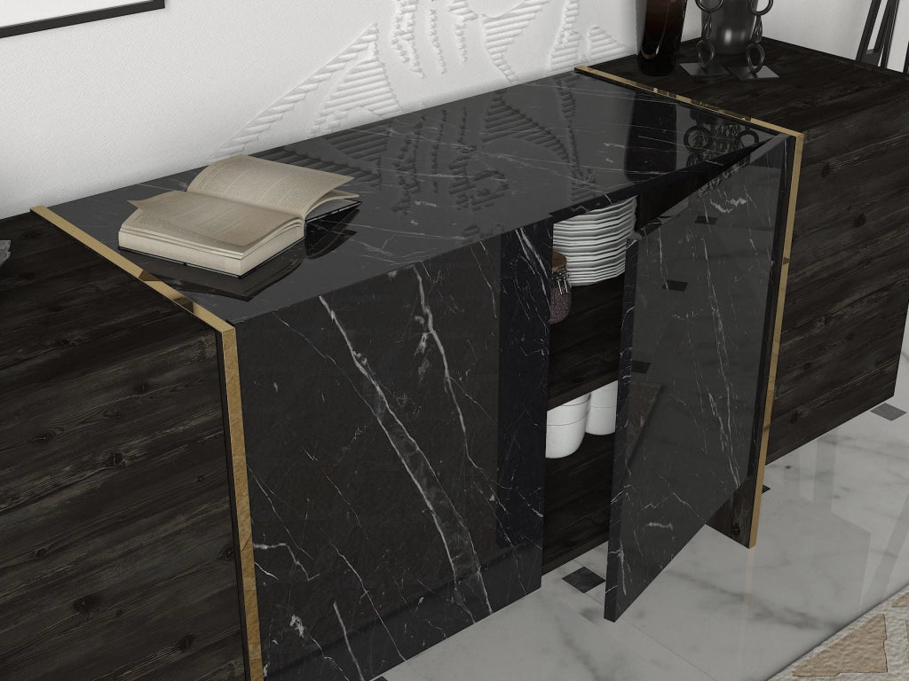 Credenza in legno "Veyron" - 180 x 46 x 75 cm - Nero/Oro