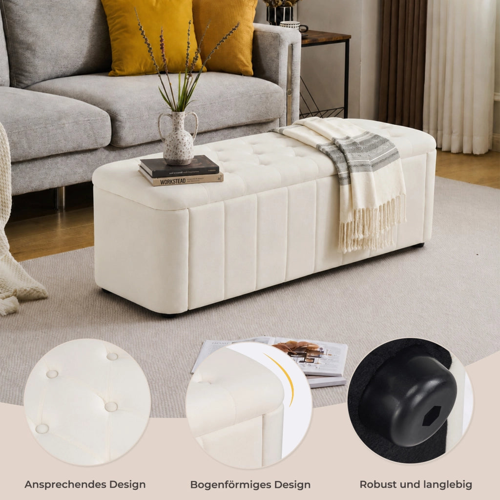 Panca contenitore in velluto con angoli arrotondati e seduta imbottita per soggiorno e ingresso beige 132 × 47 × 24 cm