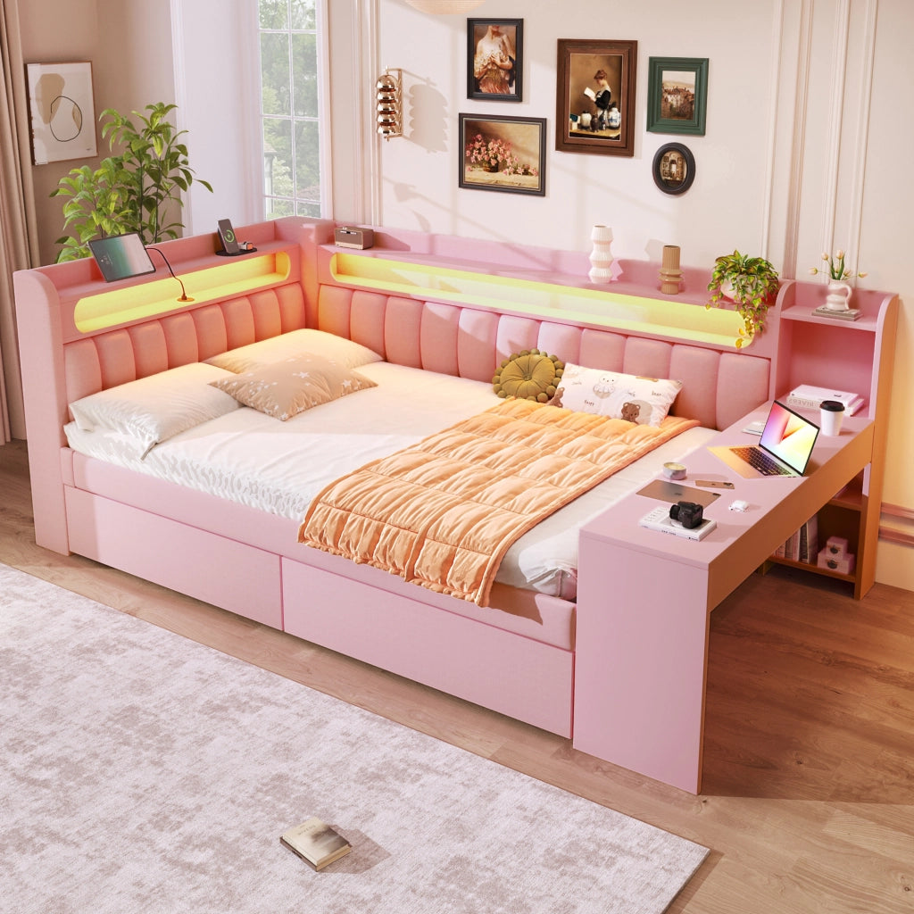 Letto a Divanetto 140x200 cm; USB; LED; Scrivania e 2 Cassetti in MDF; Rosa