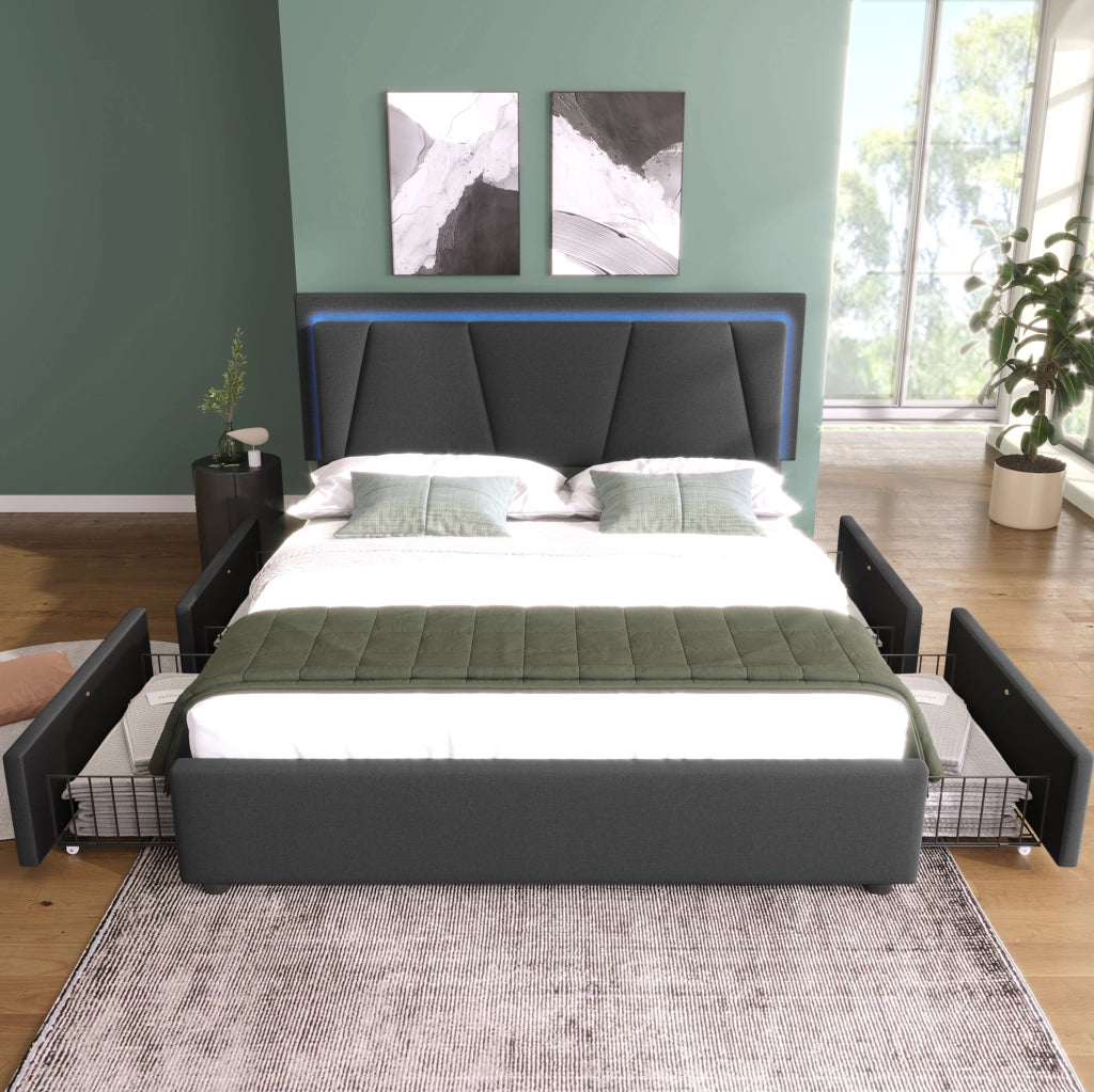 Letto contenitore 160x200 cm con LED, 4 cassetti e testiera regolabile