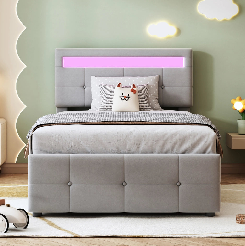 Letto imbottito 90 x 200 cm grigio con LED e vano contenitore idraulico