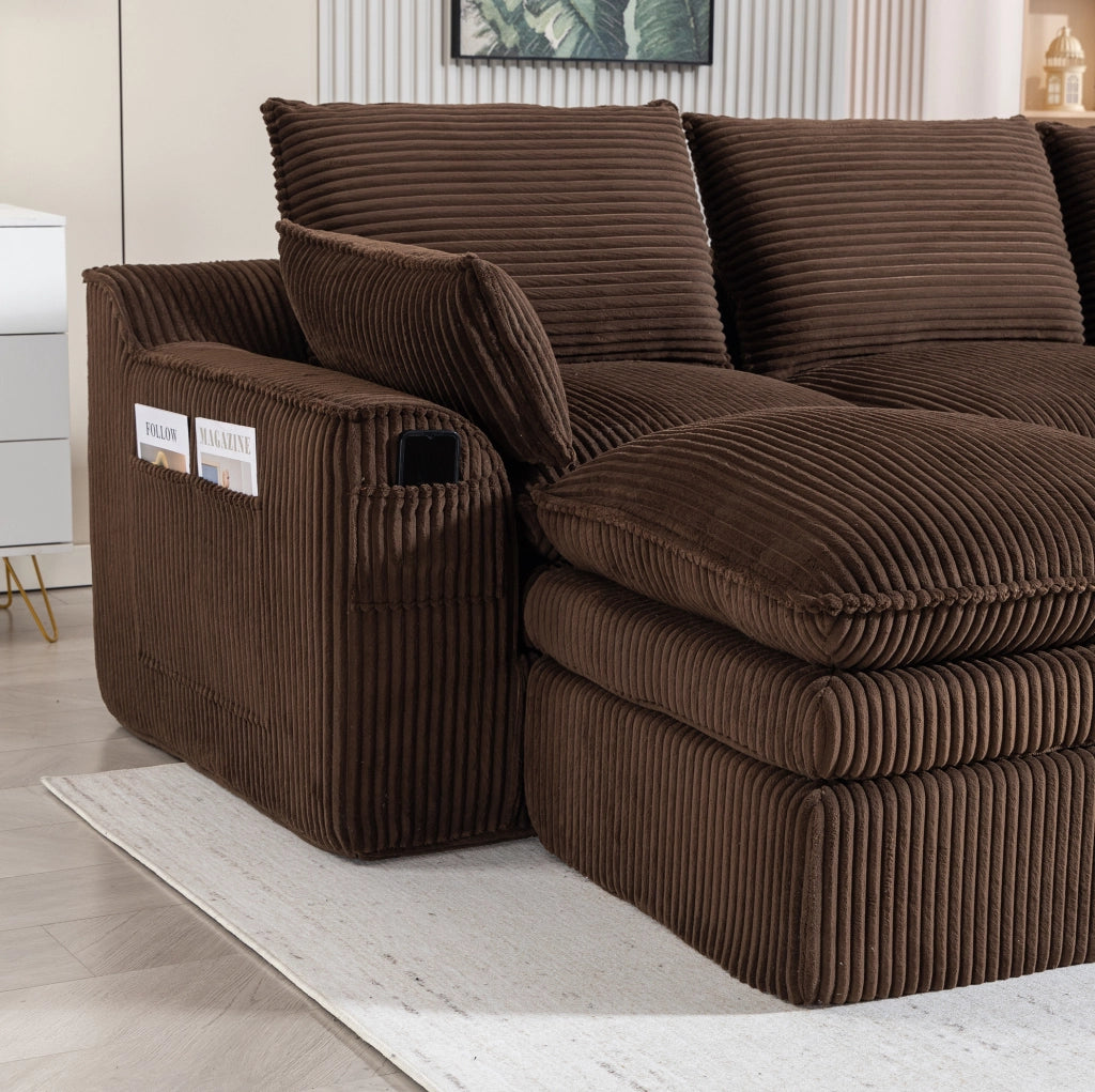Divano modulare 4 posti in corduroy marrone; 335x167x85 cm; con 2 pouf e tasche laterali