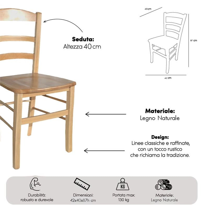SEDIA IN LEGNO COLORE NATURALE LACCATO 87X40X40 CM MODELLO PAESANA CON SEDUTA COMPATTA E SCHIENALE ALTO IN MASSELLO - 4PZ