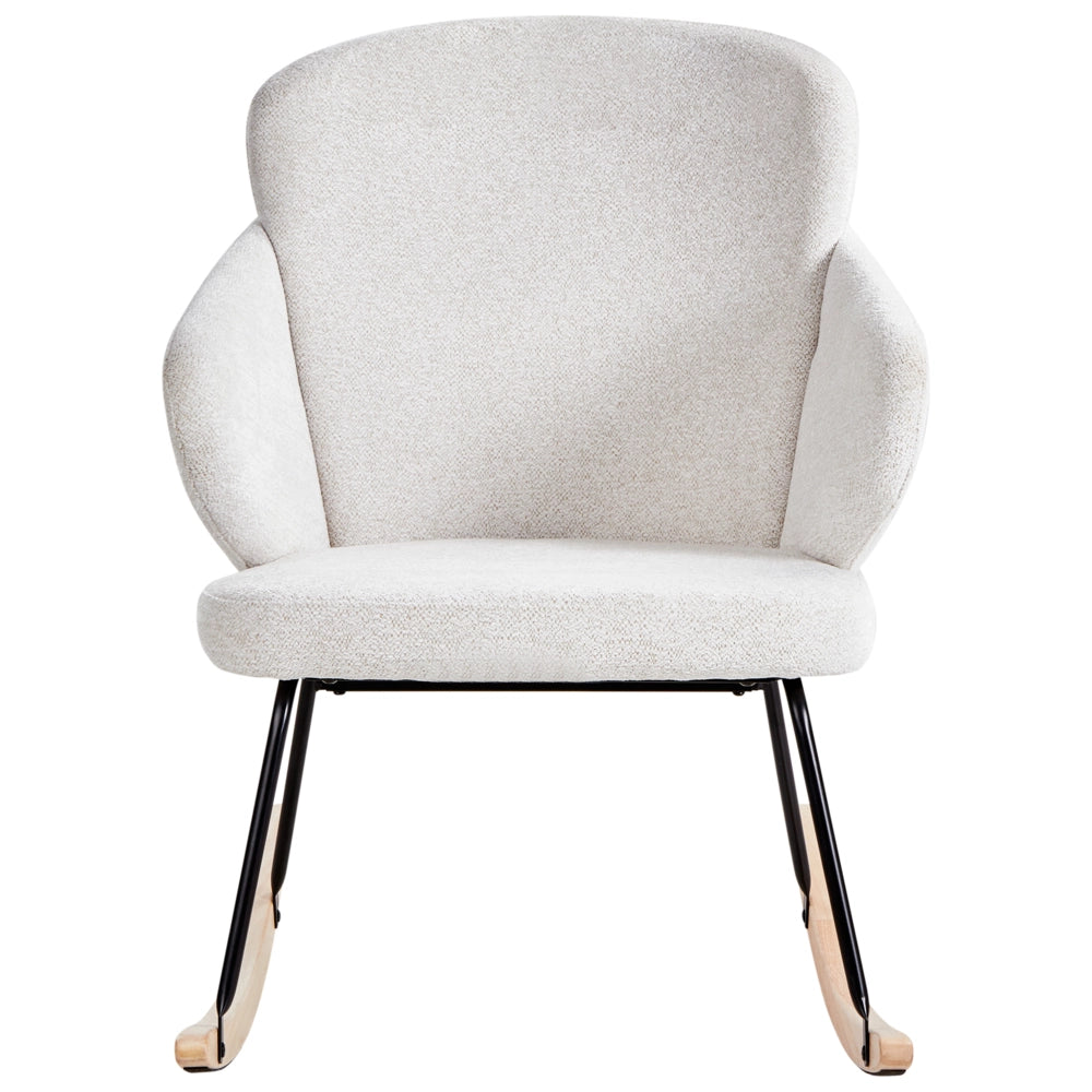 Sedia a dondolo in tessuto bianco sporco gambe in legno e metallo pattini design moderno soggiorno