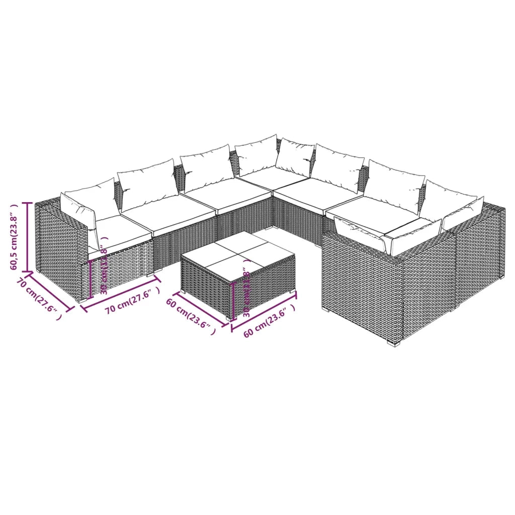 Set Divani da Giardino 9 pz con Cuscini in Polyrattan Nero cod mxl 35096