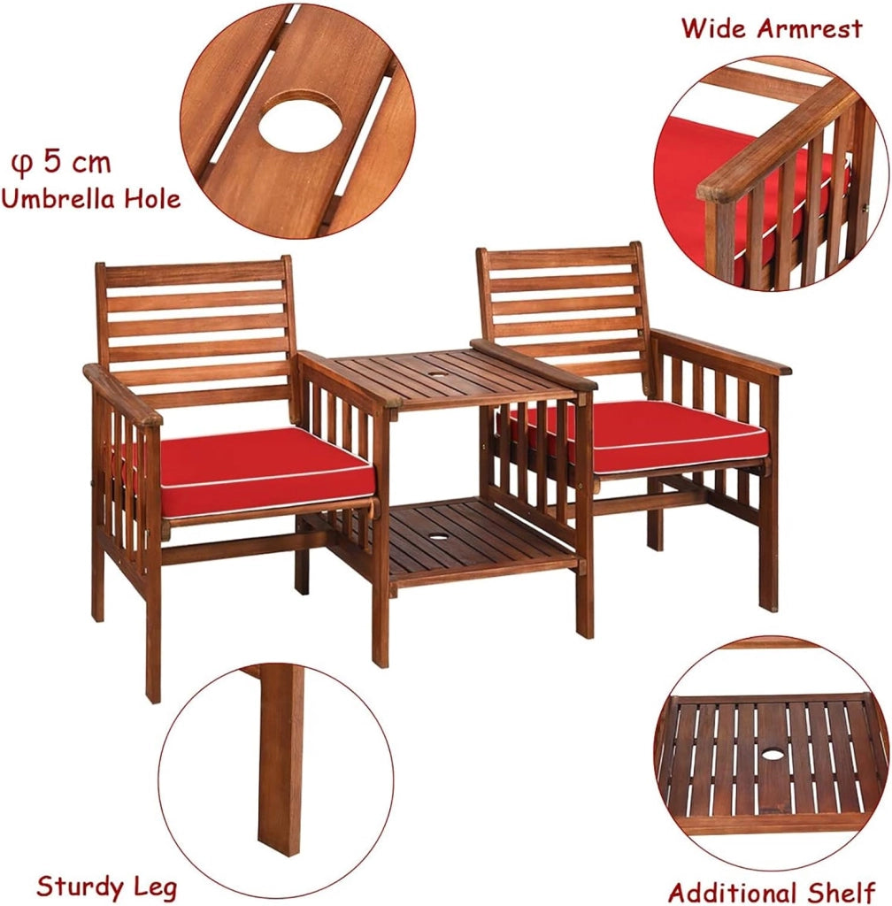 Set di 2 Sedie con Cuscini e Tavolo in Legno di Acacia, Foro per Ombrellone da 5 cm, Set di Mobili per Esterni da Bistro da Giardino (Rooso)