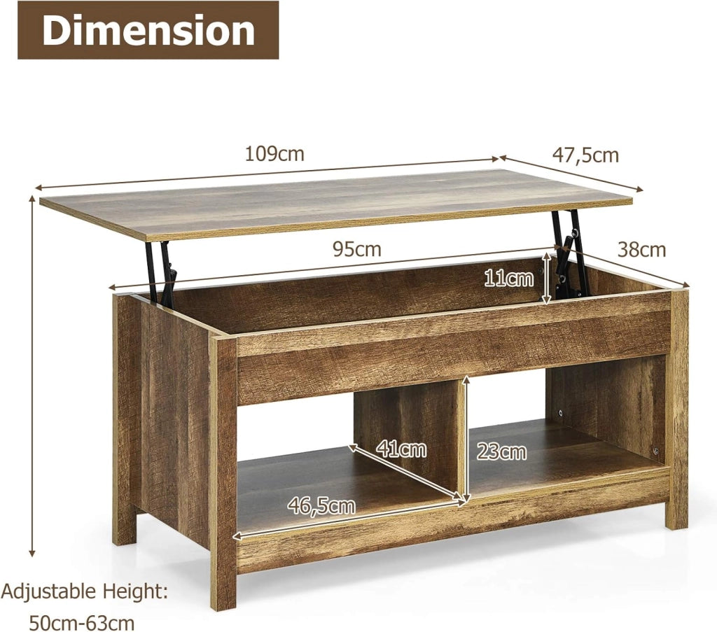 Tavolino Salotto Sollevabile, Tavolino da Caffè Basso con Scompartimenti Nascosti e Mensole, Tavolino Moderno per Soggiorno, Salone e Studio, 109 x 47,5 x 50-63 cm (Quercia)