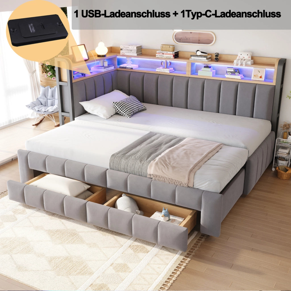 Letto divano 90 × 200 cm estensibile a 180 × 200 cm con cassetti, ripiani, LED, USB e Type-C, senza materasso