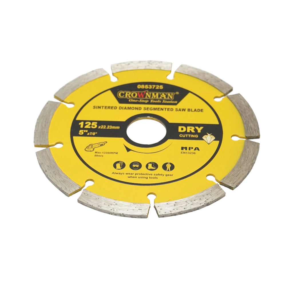 Disco diamantato segmentato 125x22,23mm, max. velocità. 12200 giri/min, taglio a secco per cemento, pietra, granito, marmo Crownman