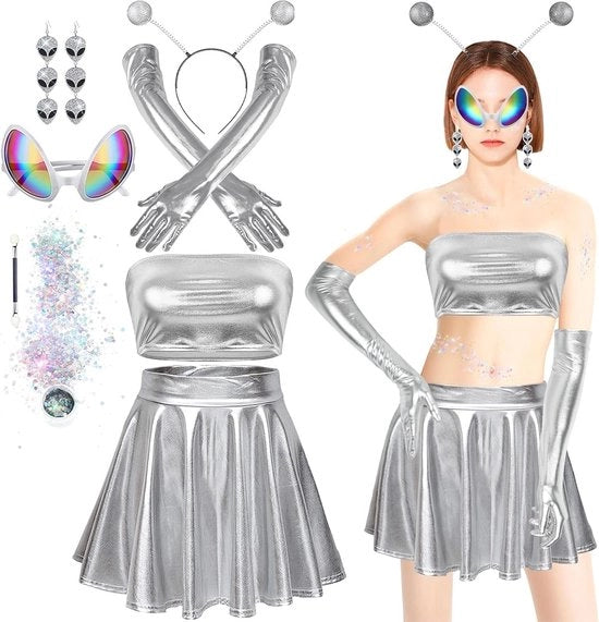 Costume di Alta Qualità Alien con Top con Tessuto Metallic e Gonna con Pannelli per il Carnevale con Accessori
