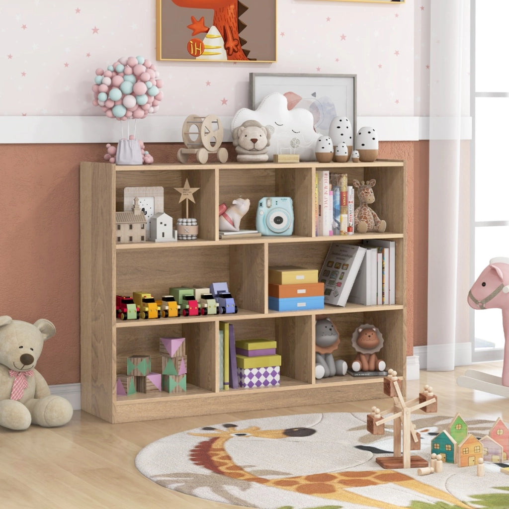 Libreria a 3 livelli in legno, Mobiletto espositore moderno a 8 cubi da salotto camera da letto studio Naturale-Librerie