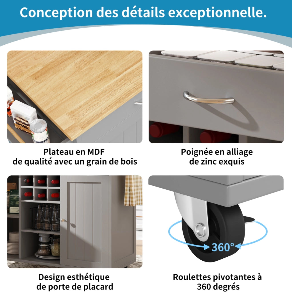Isola da cucina mobile grigia 102x45x92 cm con portabottiglie