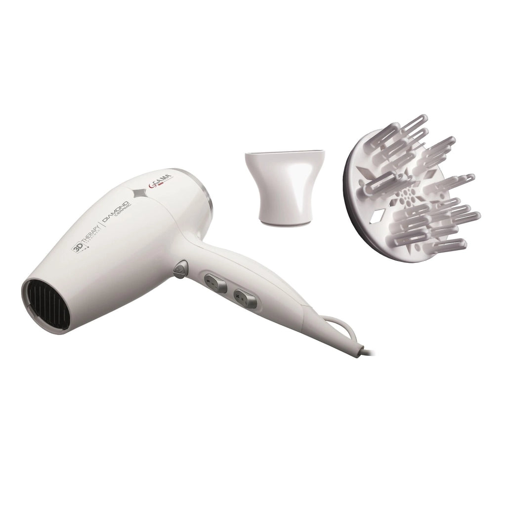Ga.ma GH0302 Diamond Ceramic Ion Asciugacapelli 2200W tecnologia ionica ceramica 2 velocita' 3 temperature colpo aria fredda bocchetta e diffusore inclusi colore Bianco
