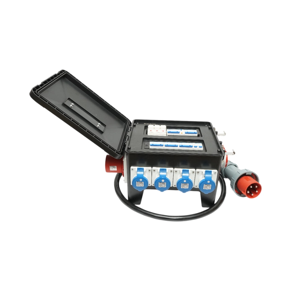Quadro prese per cantiere portatile, 2 × 415V / 16A, 2 × 415V / 32A, 4 × 250V / 16A, dimensioni 370 × 340 × 330 mm, grado di protezione IP44 / IP54. Breckner Germany