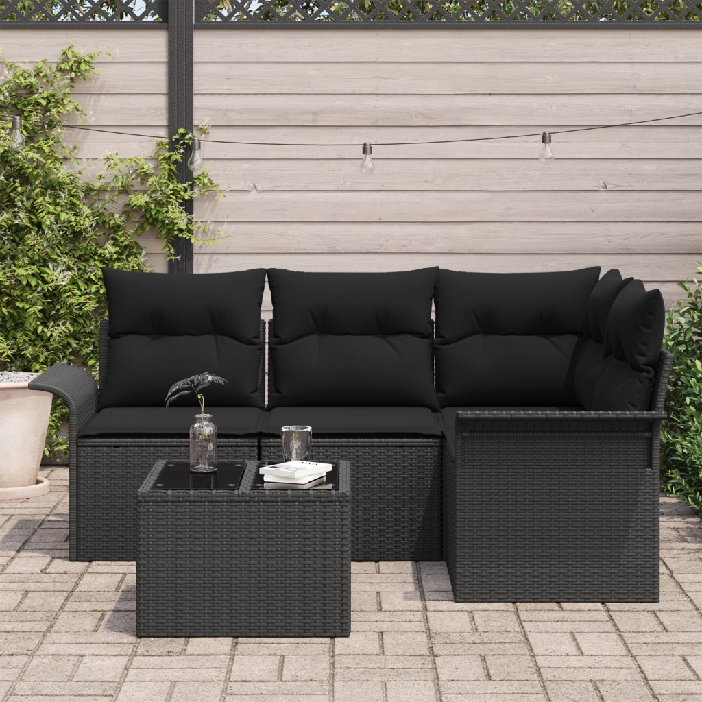 Set Divano da Giardino 5 Pezzi con Cuscini Beige in Polyrattan