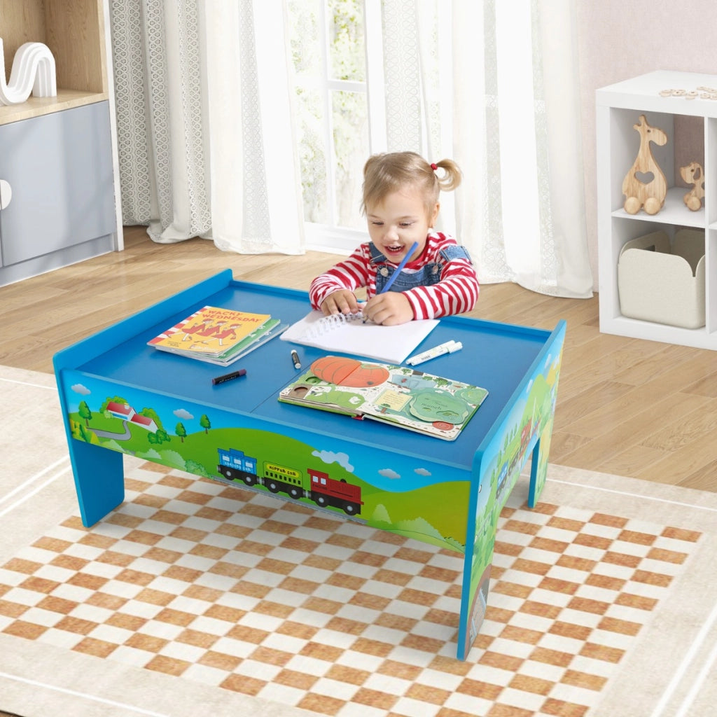 Set di trenini in legno con tavolo reversibile e staccabile cassetto capiente, Tavolo da gioco per bambini 80 Pezzi-Giocattoli educativi
